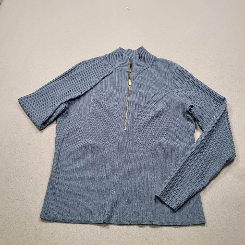 White House Black Market Portrait Blue Ribbed Zip Mock Neck Sweater XL 570398637